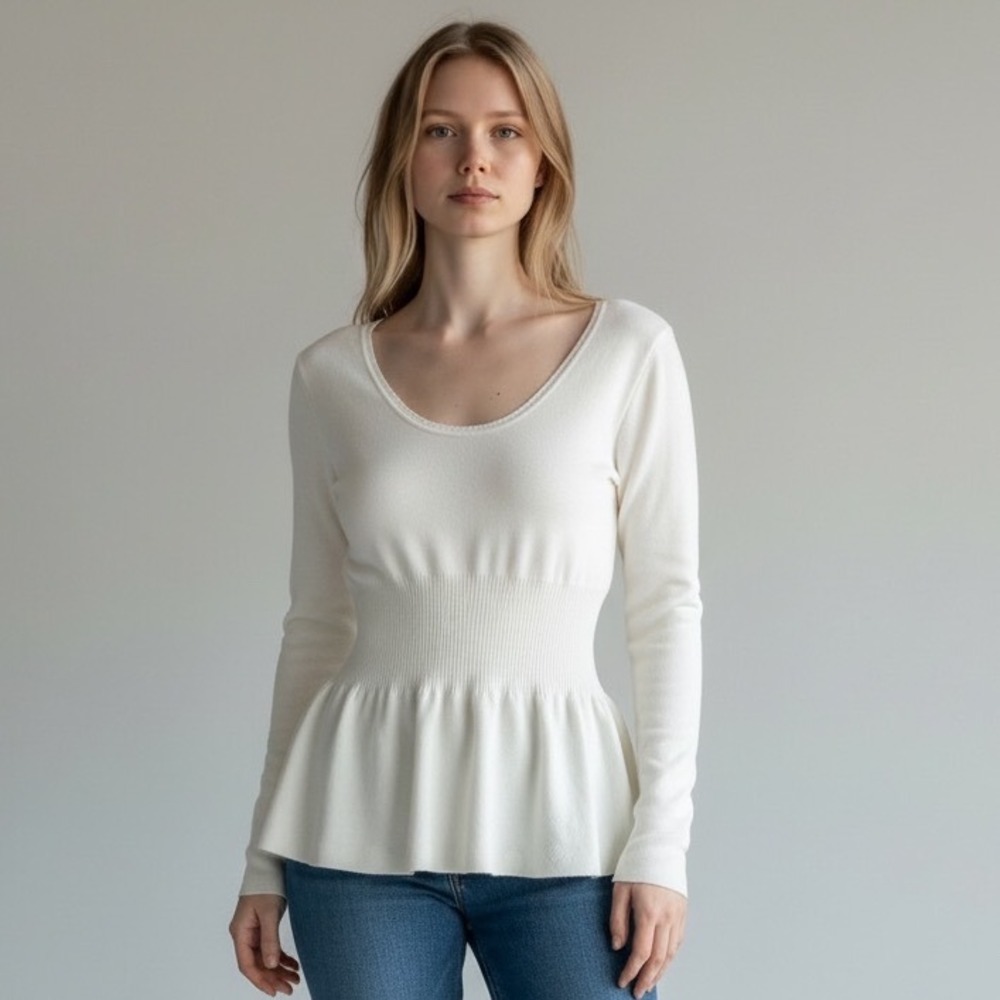 Wacoal Cream Knit Peplum Knit Long Sleeve Scoop Neck Ribbed Waist Top Size M NEW